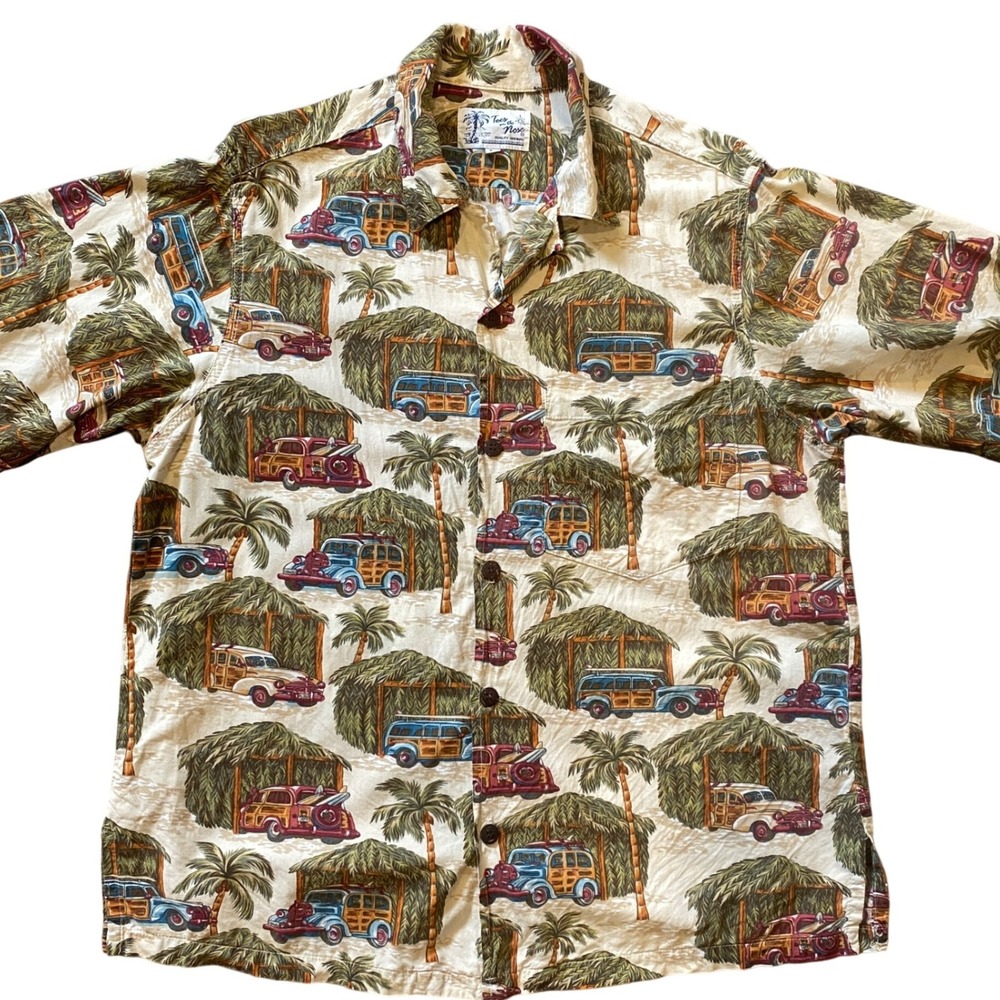 Toes on the Nose Mens Woodie Car Tropical Hawaiian Shirt Medium Tan Short Sleeve